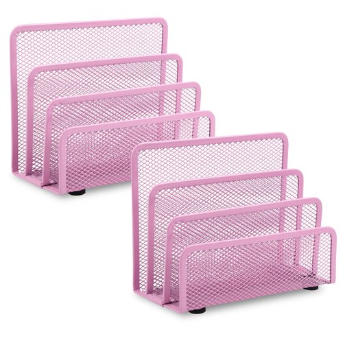 EASEPRES Desk Mail Organizer, Office Small Desktop Metal Mesh Envelope Letter Sorter Paper File Holder Organizer with 3 Vertical Upright Compartments, Pink 2 Pack
