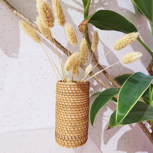 amololo Handmade High Wall Rattan Pen Cup,Tea Items Desk Holder,Wicker Pencil Décor Holder Flower Vase For Dry Flower,Rustic Makeup Brushes Holder Stand, Table Loose Items Organizer (High Cylinder)