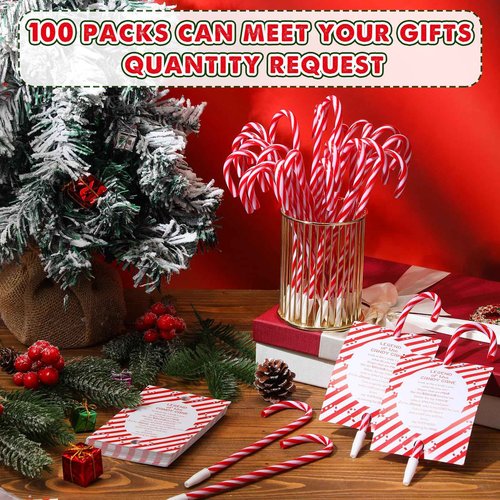 Qilery 100 Sets Christmas Candy Cane Pens Favors Christian Pens with Legend of Candy Cane Cards Xmas Jesus Ballpoint Pens with Black Ink Church Sunday School Supplies Party Gifts