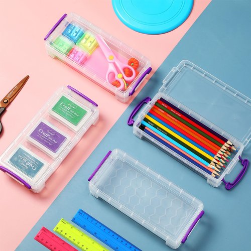 Zonon Large Capacity Pencil Box Stackable Clear Plastic Storage Organizer Painting Brush Storage Box Translucent Watercolor Pen Case with Snap Button Lid（Purple, 12 Pcs）