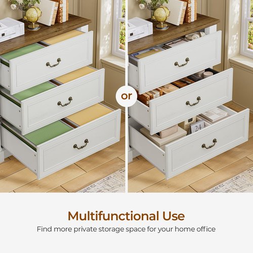 3 Drawer File Cabinet, Farmhouse Filing Cabinet for Letter/Legal Size, Wooden Extended Desktop, Wood Lateral File Cabinets with Printer Stand for Home Office, Framed Drawer Fronts, Antique White