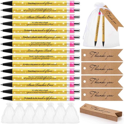Sinload 60 Sets Christmas Teacher Appreciation Gifts Teacher Pens Bulk Inspirational Glitter Ballpoint Pens with Thank You Gift Tags Organza Bags for Writing School Supplies, 10 Styles