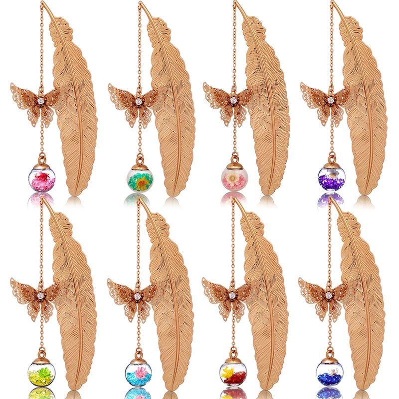 Teacher Retirement Gifts - Metal Feather Bookmark with 3D Butterfly & Real Dried Flower Pendant - Bookmark for Women & Book Lovers Under 10 Dollars - Gift Box Included