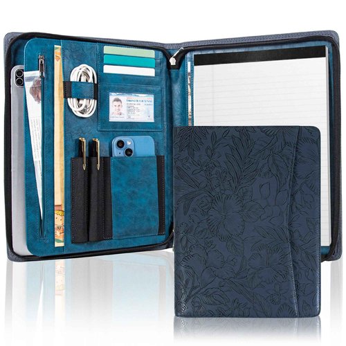 Dark Blue Embossed Portfolio Binder,Padfolio for Men and Women,Vegan PU Leather Padfolio with Zipper,A4 Planner Folder with Laptop Pocket, WorkBinder Organizer for Resume/Interview