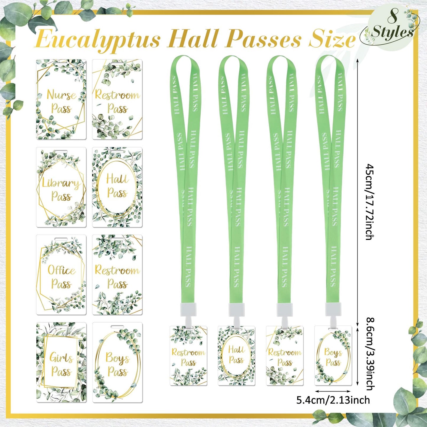 8 Set PVC Hall Pass Lanyards Eucalyptus Unbreakable Hall School Passes Teacher Supplies for Classroom Elementary Middle School Bathroom Library Office Nurse