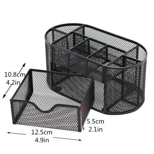 Rkqoa Black Mesh Desk Organizer Desktop Office Supplies with 9 Compartments, Office Desktop Organizer with Drawer, Metal Pen Holder Stationery Caddy Multifunctional Organizer for Desk Organization