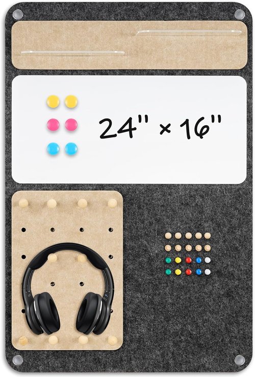Dollar Boss 3-in-1 Foldable Bulletin Board - 16"x24" Magnetic Whiteboard with Cork & Acrylic Shelves, Grey