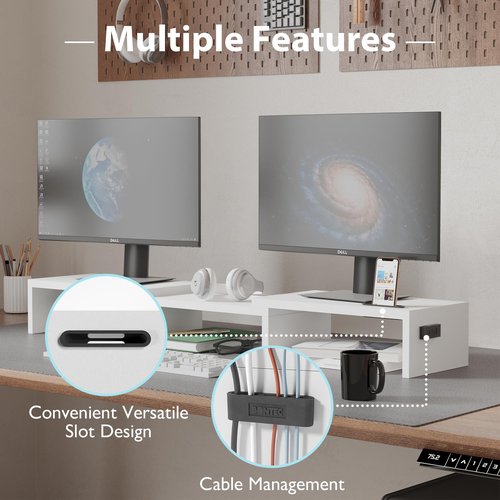 BONTEC Dual Monitor Stand for Desk, Adjustable Length and Angle Monitor Stand Riser with Smartphone Holder, Desk Shelf for Top of Desk, Computer Monitor Stand with Storage, Office Desk Organizer, White