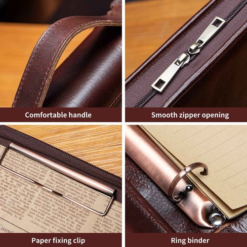YIWEN Handmade Genuine Leather Portfolio, Zippered Padfolio with 3 Ring Binder, Professional Business Organizer, Resume Folder, Notebook Organizer with Tablet (Non-Custom, Oil Wax)