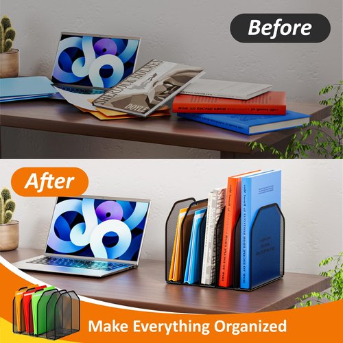 FUCDTEFC Desk File Organizer, Adjustable 5 Sections Upright Desktop Organizer File Sorter, Sturdy Metal Mesh Vertical Bookshelf File Holder Workspace Accessories for Home,School,Office Classroom,Black