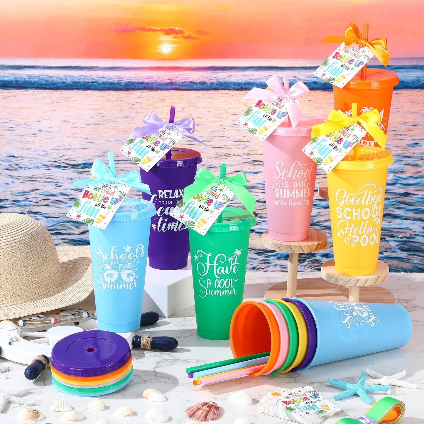 Teenyyou 24 Packs End of The Year Gifts for Student 24 oz Summer Plastic Cups with Lid and Straw Bulk Summer Graduation Reusable Tumblers with Cards for Pool Vacation Party Supplies(Classic)