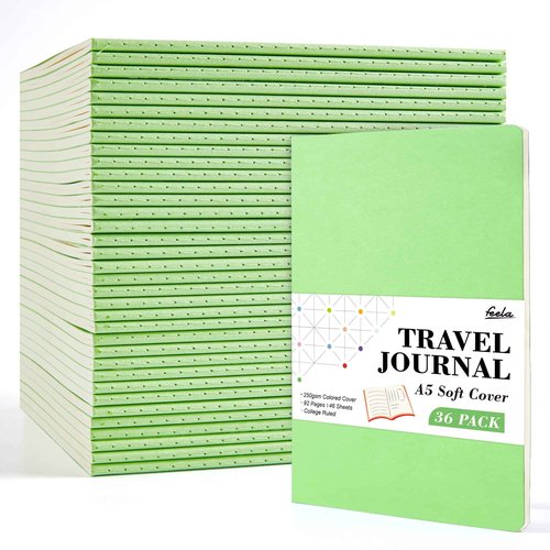 36 Pack Soft Cover Journal Bulk, Feela Lined Blank Travel Journal for Women Men Writing, Notebooks College Ruled for Work, Note Taking Notebook School Business Supplies, 8.2” x 5.5”, A5, Light Green