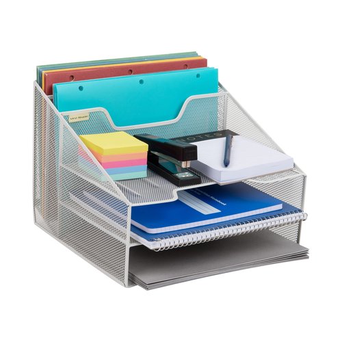 Mind Reader Metal Mesh Desktop File Organizer, 3-Tier Paper Tray with 5 Compartments, Office Mail Sorter, White