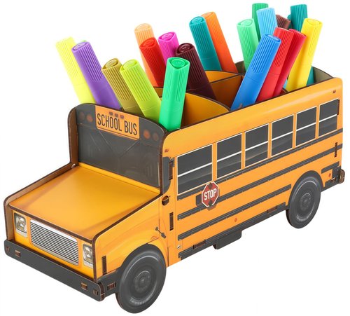 Pencils Organizer School Bus Pen Holder Creative DIY Multifunctional Desk Organizer 6 Compartments Office Desktop Stationery Mesh Table Supplies Organizer for Office School and Home (Wooden)