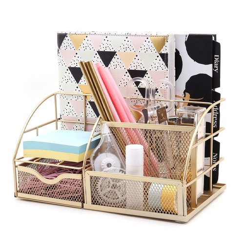 Exerz Desk Organizer Golden Office Desk Accessories Supplies Office Storage Desktop Pencil Pen Holder with Drawer Home Workspace
