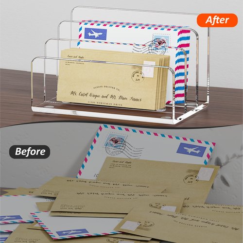 FUCDTEFC Desk Mail Organizer, 3 Section Clear Acrylic File Holder Letter Organizer, Vertical Lightweight Modern Envelope Holder Desk Accessories & Workspace Organizers for Office, Home, School
