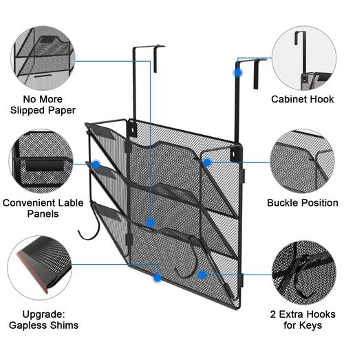 BOHDK Wall File Organizer 3 Pockets, Mail Organizer, Hanging Folder Holder, Foldable | Hanging or Wall Mounted | Label Panel | 2 Hooks | Office Home School Organizer, Black