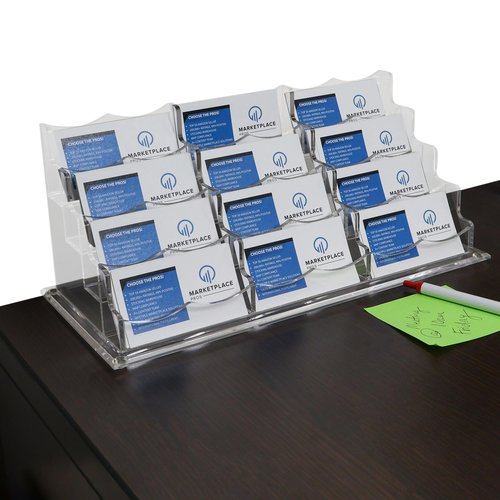 7Penn Acrylic Business Card Holder for Desk - 12 Slot Card Organizer for Desk Storage - Clear Countertop Sticker Display 3 Tier Horizontal Business Card Display Rack - 600 Card Holder Stand