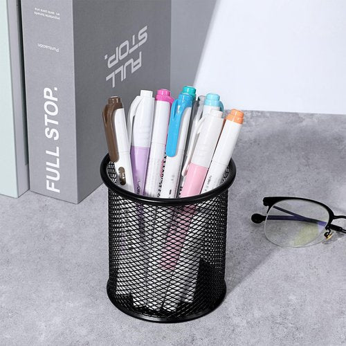 Lemecima 12 Pack Metal Pen Holder Mesh Pencil Holder Desk Organizer Mesh Round Pen Cup Pencil Cup for Desk Office Pen Organizer, Black