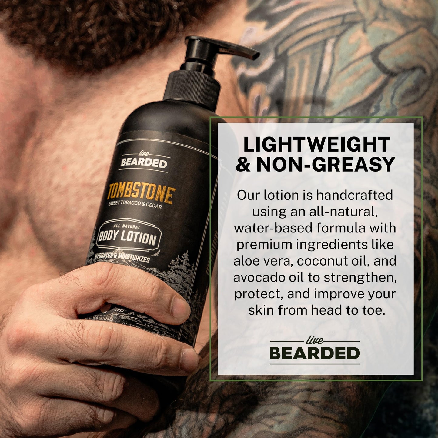 Live Bearded Premium Men's Body Lotion - All-Natural Hydrating Formula - Aloe Vera, Coconut Oil, Avocado Oil - Moisturizing Body Lotion for Men, Mens Lotion for Dry Skin - 1880 Scent