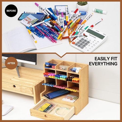 KIRIGEN Wood Desk Pen Holder Organzier with Drawer Multi Functional Pens Storage Organizer with 9 Compartments for Home, Office and Desk Accessories BJH9G-NA