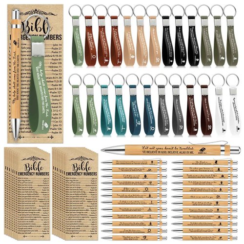 Feifeiya 100 Sets Pastor Appreciation Gifts Bulk Christian Bamboo Pen, Bible Verse Church Gift Religious Silicone Keychain with Emergency Scripture Bookmarks for Sunday School Baptism Party Favors
