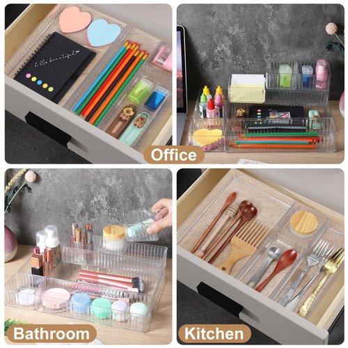 18 PCS Clear Plastic Drawer Organizer Set 4 Large Size Versatile Kitchen and Bathroom Organizer Trays, Non-Slip Storage Bins for Makeup, Utensils, Tool and Office Desk