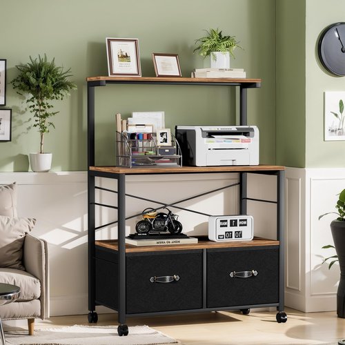 VECELO Lateral File Cabinet with 3 Shelf, 2 Drawer File-Cabinet on Brakeable Wheels, Large Printer Stand with Open Storage Shelf fits Letter Size for Home Office, Brown