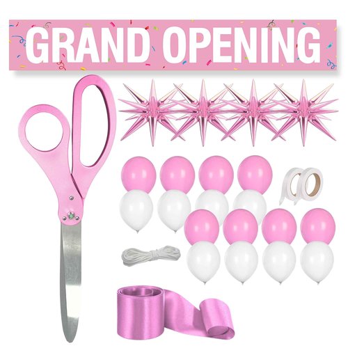 Ribbon Cutting Ceremony Kit Pink - 25 Inch Giant Scissors for Ribbon Cutting Pink Banner and Star Balloons Satin Ribbon for Special Events and Business Openings Inaugurations