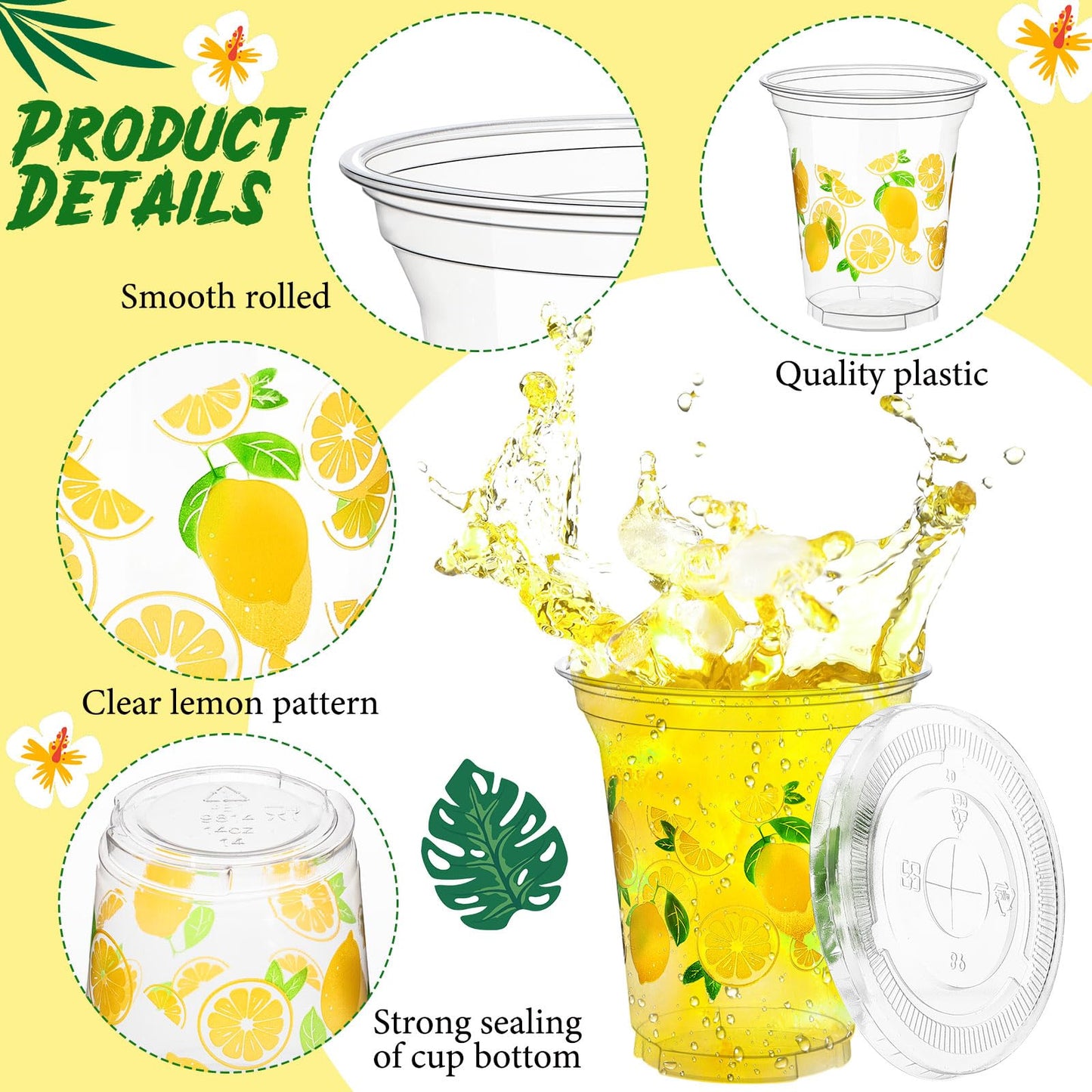 Umigy 100 Pack Plastic Disposable Cups with Lids and Straws 12 oz Disposable Cups for Juice Water Coffee Summer Party Sports Party Supplies(Lemonade)