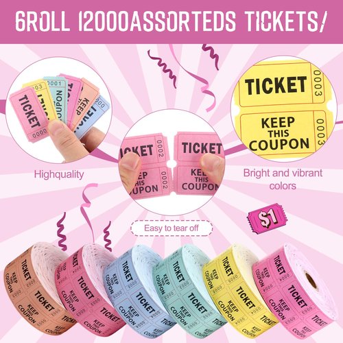 Kosiz 12, 000 Tactical Raffle Tickets, Double Roll, Raffle Tickets 2000 Tickets per Rollfor Events, Carnivals, Entry, Drink/Food Tickets, Classroom Reward, Bingo, Auction, Prizes, 6colors