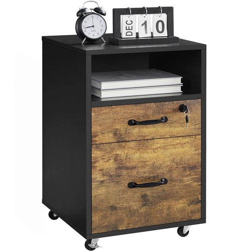 Yaheetech File Cabinet, Under Desk Vertical Cabinet With 2 Drawers and Open Compartment, Printer Stand with Lockable Wheels for A4 Letter Size Hangable File Folders for Home Office(Black/Rustic Brown)