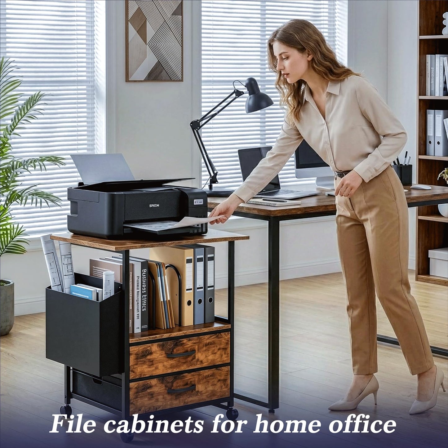 Faesun File Cabinet for Home Office, 22'' Large Rolling Filing Cabinet with 2 Fabric Drawers, Printer Stand with Storage, Small Space Printer Table with Side Pocket & Dividers, Rustic Brown