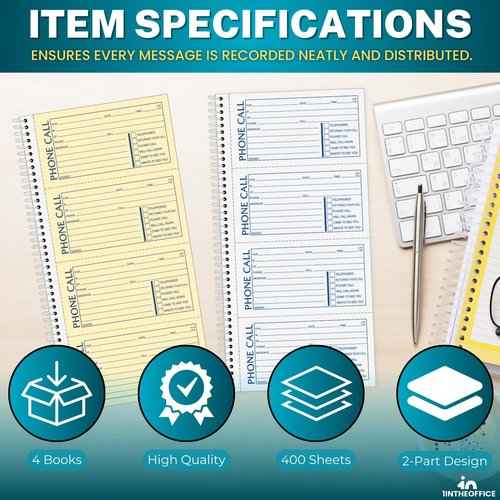 1InTheOffice Phone Message Book 2 Part Carbonless, 5.5" x 11", 2-Part Carbonless, 400-Set/Book - 4 Pack