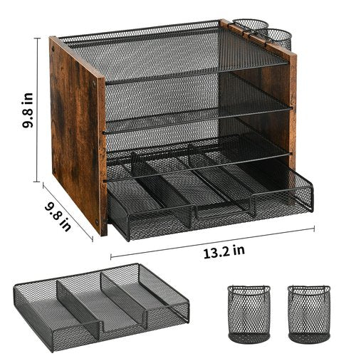 OPNCIE Desk Organizer and Accessories, 4-Tier Paper Letter Tray File Organizer with Drawer & 2 Pen Holder, Office Desk Accessories Workspace Desktop Organizer for Office Supplies(Brown)