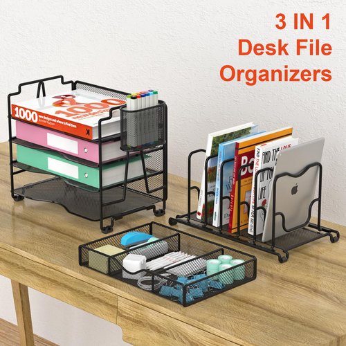 BOHDK Mesh Desk Organizer, 3-IN-1 Desktop Organizer with 4 Tier Tray and 5 Upright Sections, File Organizer for Desk with Sliding Drawer, Black
