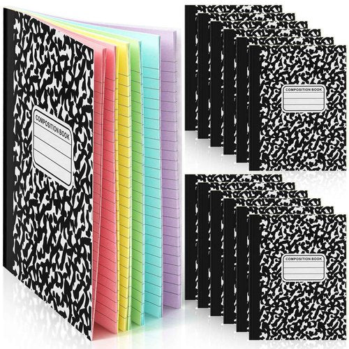 Henoyso 12 Pcs 120 Pages Colored Paper Notebooks 9.75" x 7.5" Bright Neon Colored Lined Paper Notebook Wide Ruled Marble Notebooks Journals Bulk for Office School Supplies (Black)