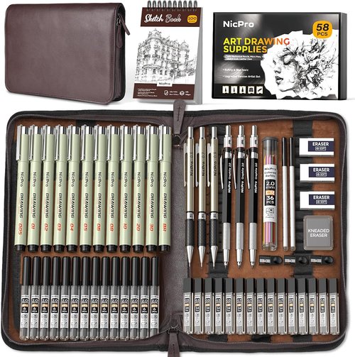 Nicpro 20PCS Professional Geometry Set - Complete 58PCS Art Drawing Supplies Kit in Leather Case