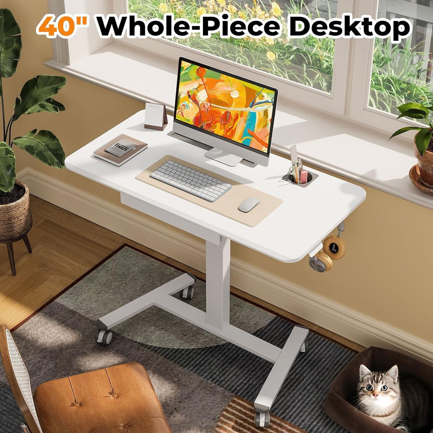 Skiennix Mobile Standing Desk - Height Adjustable with Drawer & Cup Holder | 40" White Rolling Workstation