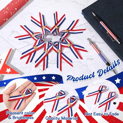 Qeeenar 200 Pcs Veterans Day American Flag Ballpoint Pen and Patriotic Ribbon Pins with Star Set 1.0 mm Black Ink Gel 4th of July Ink Pen for Veterans Day Memorial Independence Party Supplies