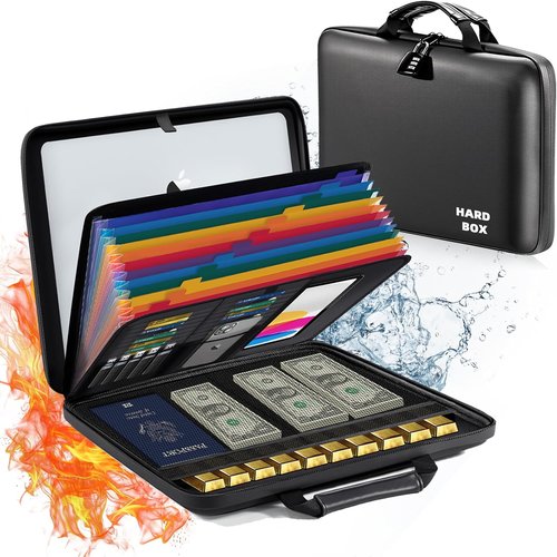 Fireproof Document Box by [Brand Name] - Waterproof Hard-Shell Organizer with Lock & 13 Pocket Accordion Folder | Portable Safe for Important Files