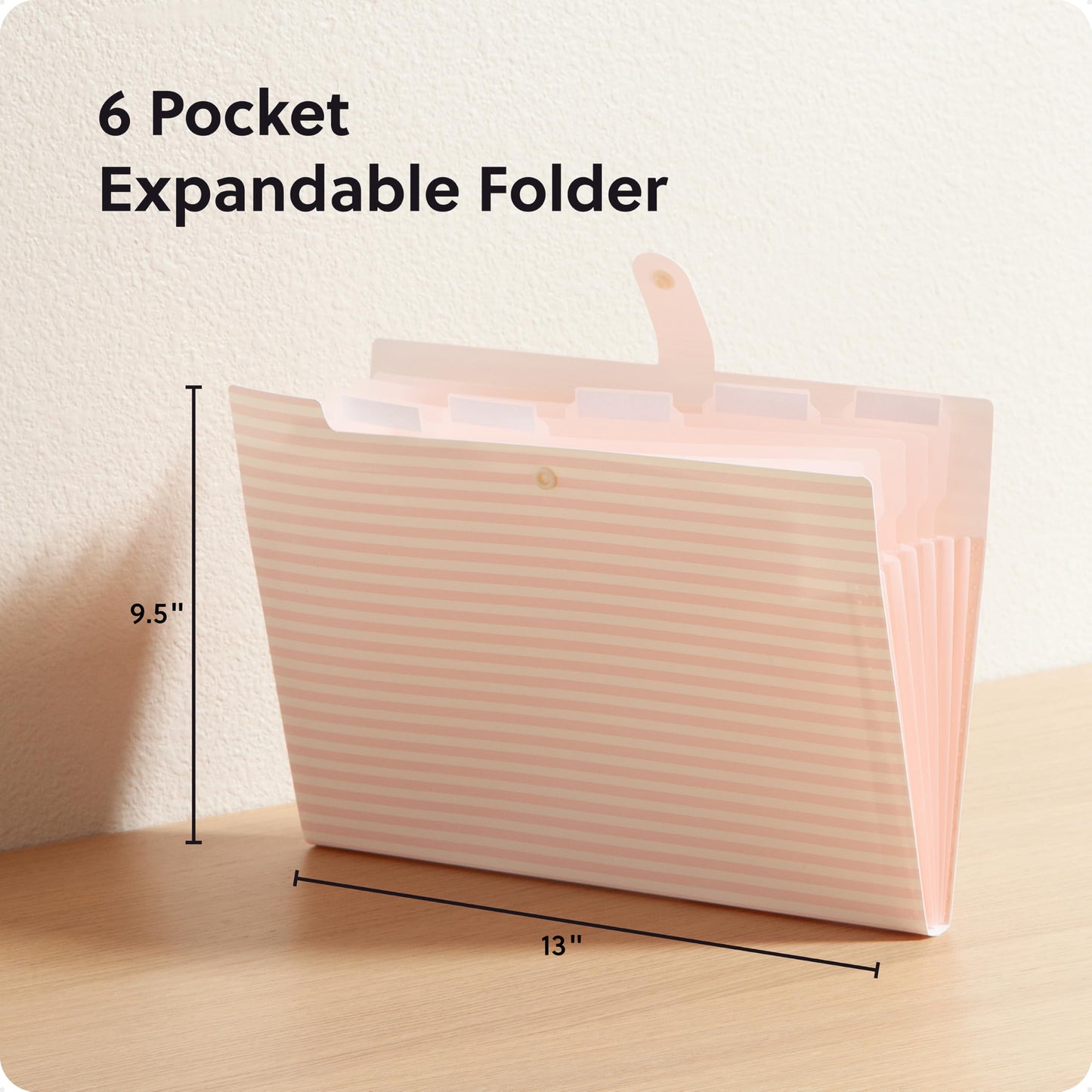 U Brands Poly 6 Pocket Expandable Folder with Tabs, Preppy Pink Stripes, 1 Count, Letter Size, 1/5-cut tabs and 14 Blank Adhesive Labels