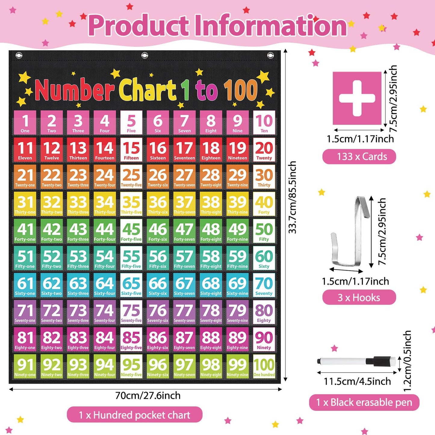 Frienda Hundreds Pocket Chart for Classroom with 100 Pockets 107 Double-Sided Number Cards 26 Blank Cards 1 Pen 3 Hooks Number Chart 1-100 for Classroom Home Learning Counting and Organizer(Classic)