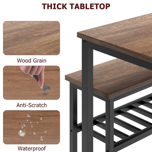 GarveeHome Dining Table Set for 4 with Bench, Kitchen Table Set with Bench, Dining Room Table Set with Storage Racks, Table and Chairs Set for Small Apartment, Kitchen, Dinette Table Set, Brown