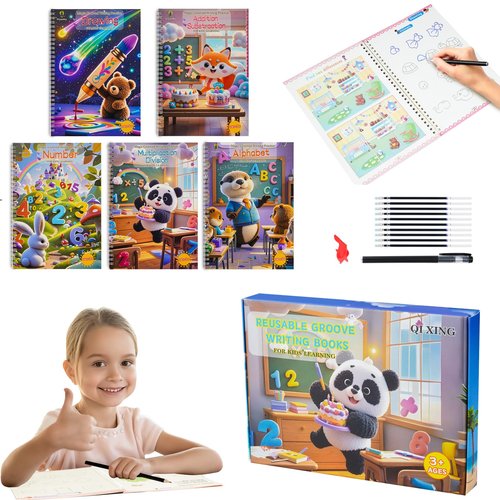 Magic Grooved Writing Practice Books,Reusable Handwriting Workbook for Kids Ages 3+, Preschool Writing Copybook for Letter Formation,Calligraphy & Tracing Practice（ 5 Books with Pens）