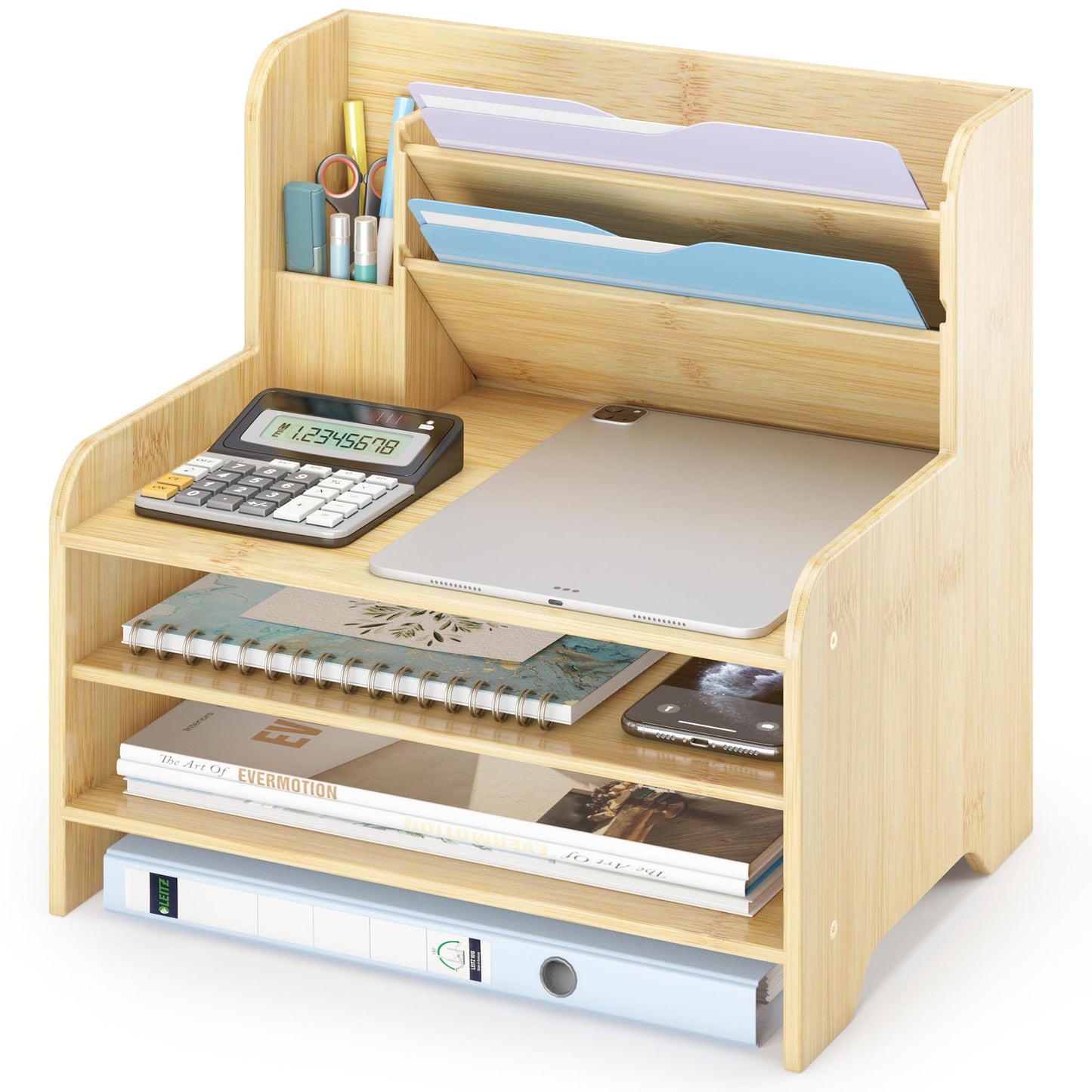 Desk File Organizer - 6-Tier Desktop Mail Letter Tray Paper Document Organizer with Pen Holder for Home Office Supplies, Office Desk Accessories & Workspace (Nature)