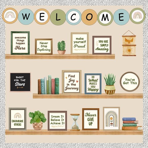 Welcome Back to School Bulletin Board Decorations, Boho Classroom Decor, Greenery Plant Bookshelf Inspirational Affirmation Cutouts for Teacher Welcome School Supplies Classroom Door Wall Decor