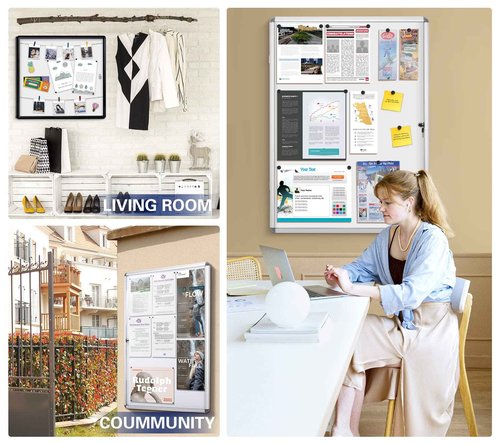 SWANCROWN Enclosed Bulletin Board Dry Erase Noticeboard Lockable Display Boards White with Aluminium Frame 20x14inch(2xA4)
