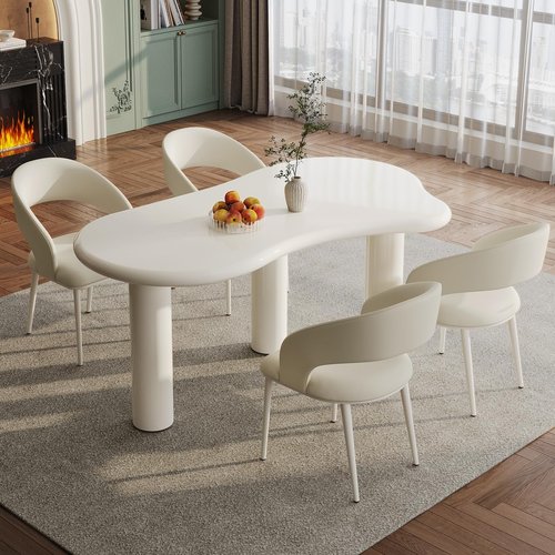 Guyii 62.8" Dining Table Set for 4 Cloud Dining Table with 4 Chairs Irregular Kichen&Dining Table Set for 4 Kichen Table Set for 4 Cream White for Dining Room Kichen Room Restaurant