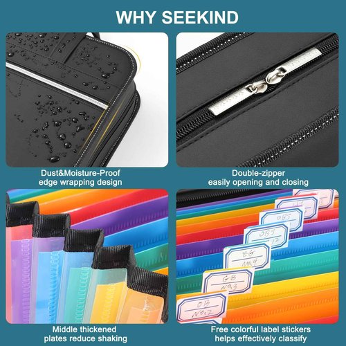 SEEKIND PU Leather Accordion File Organizer with Handle & Strap，12 Pockets Expanding File Folder with Zipper & Labels，Portable Document Organizer File for Letter A4 Files